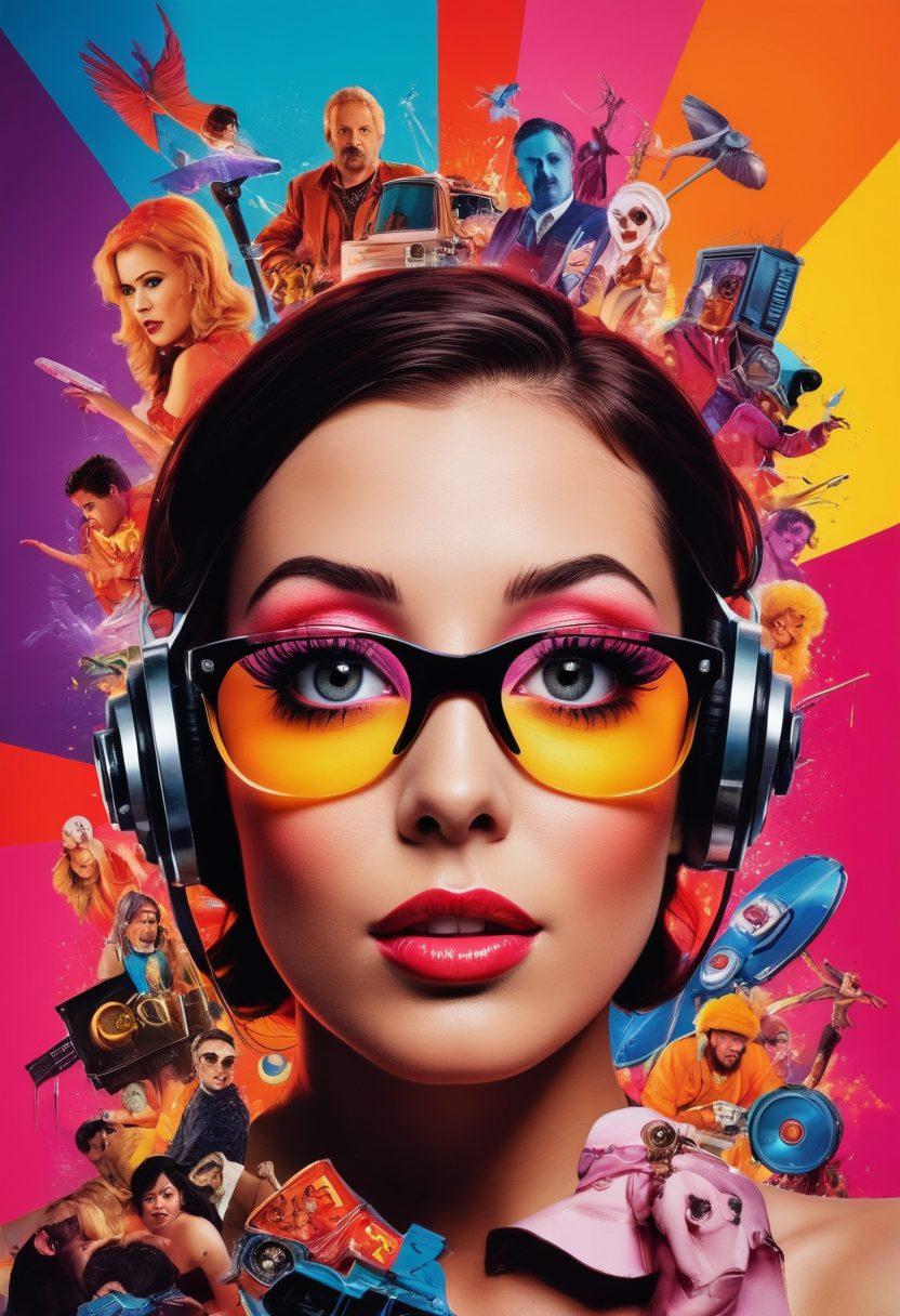 A vibrant and colorful spectrum collage illustrating the diversity of adult entertainment. Include images of playful, abstract shapes representing naughty videos, alongside theatrical elements like a film reel and spotlight for X-rated cinema. Use stylized silhouettes of various characters indicating different genres in this spectrum. The background should be an eye-catching blend of neon colors to evoke excitement. super-realistic. vibrant colors. dynamic composition.